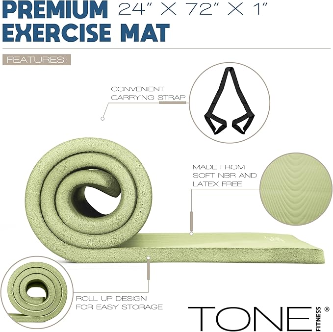 Tone Fitness 1-Inch Thick Yoga Mat | High-Density, Non-slip Exercise Mat with Carrying Strap for Yoga, Pilates, & Home Gym Workouts | Multiple Options