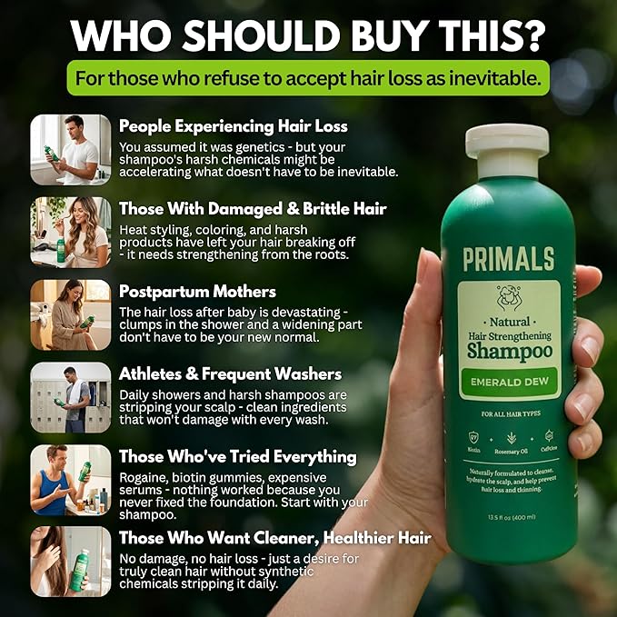 PRIMALS Hair Strengthening Shampoo - Caffiene, Biotin, Raw Honey, Rosemary Oil - Anti Hair Thinning - Natural Ingredients - Zero Artificial Fragrances, Sulfates, Parabens, or Dyes - 13.5 Fl Oz