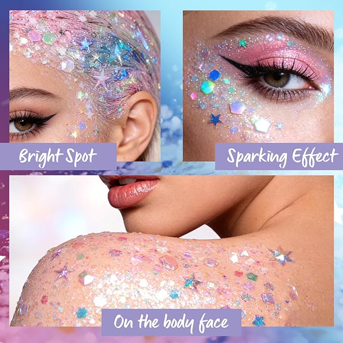White Body Glitter Gel, Singer Concerts Music Festival Body Glitter for Face Body Hair, Chameleon Color Changing Glitter Sequins for Rave Party Mermaid Festival Accessories Shimmer Makeup #1