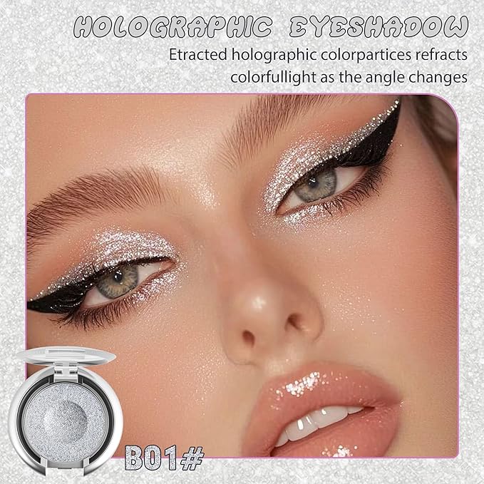 Glitter Eyeshadow,Duochrome Holographic Silver White Shimmer Eye Shadow,Chameleon High Pigmente Sparkly Shadows Palette，Iridescent Metallic Eye Highlighter，Makeup for Rave，LongWear,01#