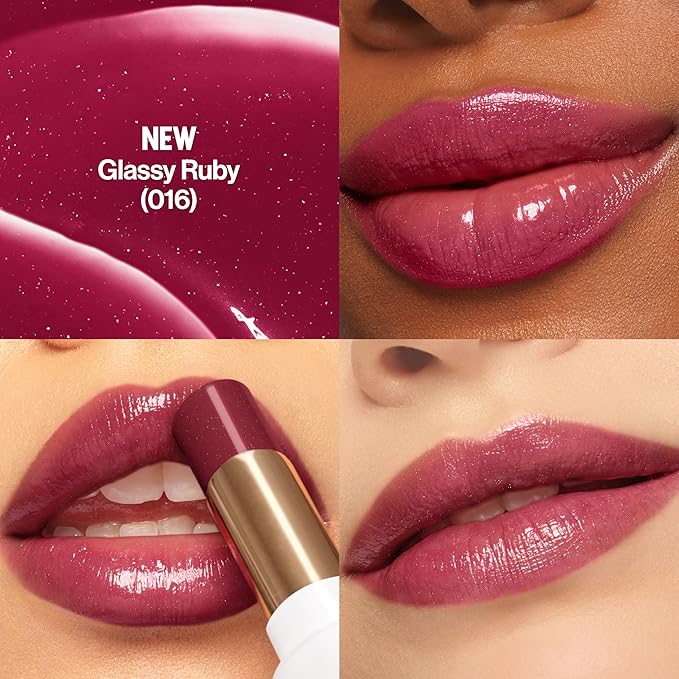 REVLON Super Lustrous Glass Shine Balm, Hydrating Tinted Lip Balm with Hyaluronic Acid, Aloe & Rose Quartz, Medium-Dark Plum Lipstick, NEW Shade, 016 Glassy Ruby, 0.11 oz