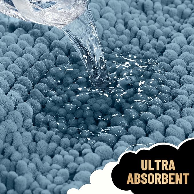 OLANLY Thick Bathroom Rugs 24x16, Extra Soft Absorbent Chenille Striped Bath Rugs, Rubber Backing, Machine Wash Dry, Bath Mats for Bathroom Floor, Tub and Shower, Home Decor Accessories, Airy Blue