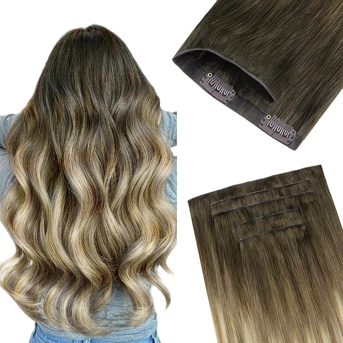 GOO GOO Invisi Edge Clip in Hair Extensions 16inch 130g 7Pcs Injected Seamless PU Clip in Hair Extensions, Virgin Real Human Hair, 3/8/613 Balayage Walnut Brown to Ash Brown and Bleach Blonde