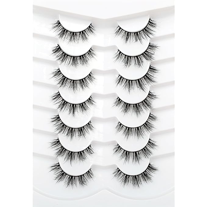 Pooplunch False Eyelash Nude Makeup Round-Eye Wispy Clusters Look Short Natural Spiky Anime Extension Lashes Full Strips Faux Mink Fake Eyelashes 7 Pairs Pack