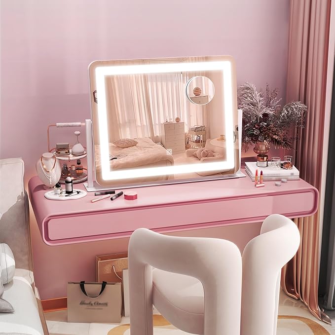 HNV 22"x17" Vanity Mirror with Lights, LED Makeup Mirror with 3 Color Modes & Dimmable Touch Control, 360° Rotation, Aluminum Frame, Large Lighted Mirror for Bedroom or Dressing Table