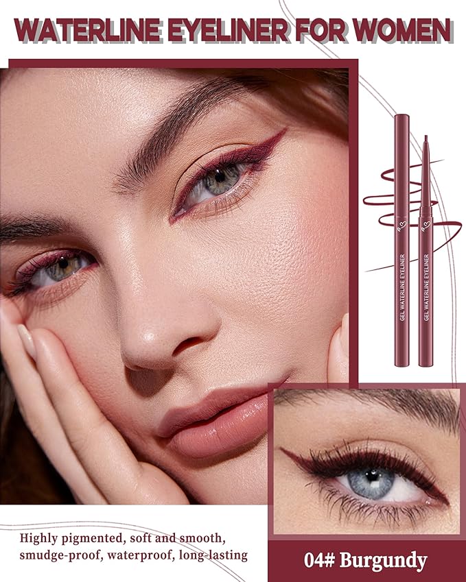 Burgundy Gel Waterline Eyeliner, Glides on Smooth Eyeliner Pencil, Matte Cream Soft Texture, Waterproof Smudge-Proof Long Wear Eye Liner Pen, High Pigment Colorful Eye Liner Makeup for Women-04(2Pcs)