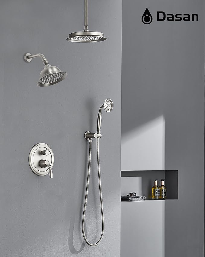 DASAN Antique Dual Shower Head Faucet Set, Dual Rain Shower Head System Complete Double Head Shower Fixture Combo
