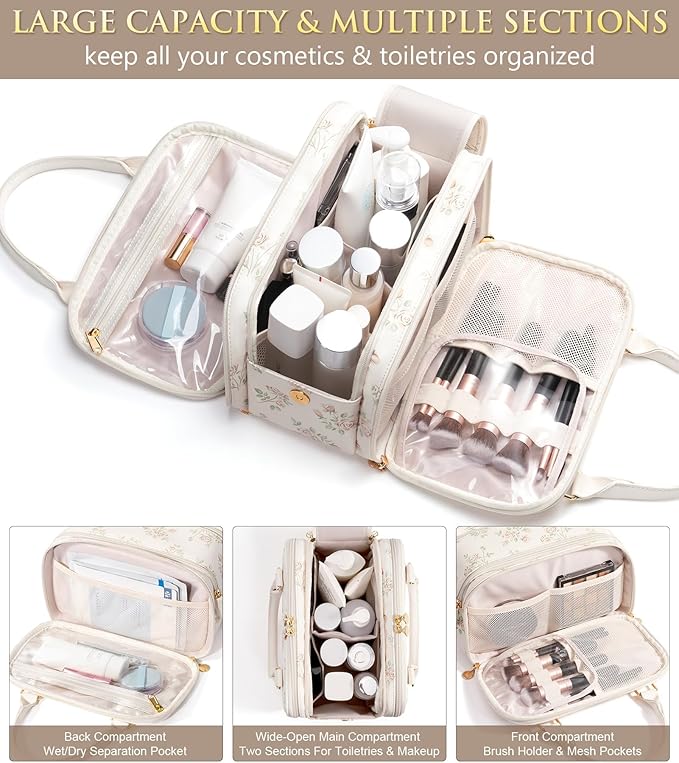 Bagstellar Travel Makeup Bag, Large Capacity Quilted Toiletry Bag for Women Wide-open Cosmetic Bag Make Up Case Organizer Portable Pouch w/Handle & Brush Holder for Traveling Accessories Beige Floral