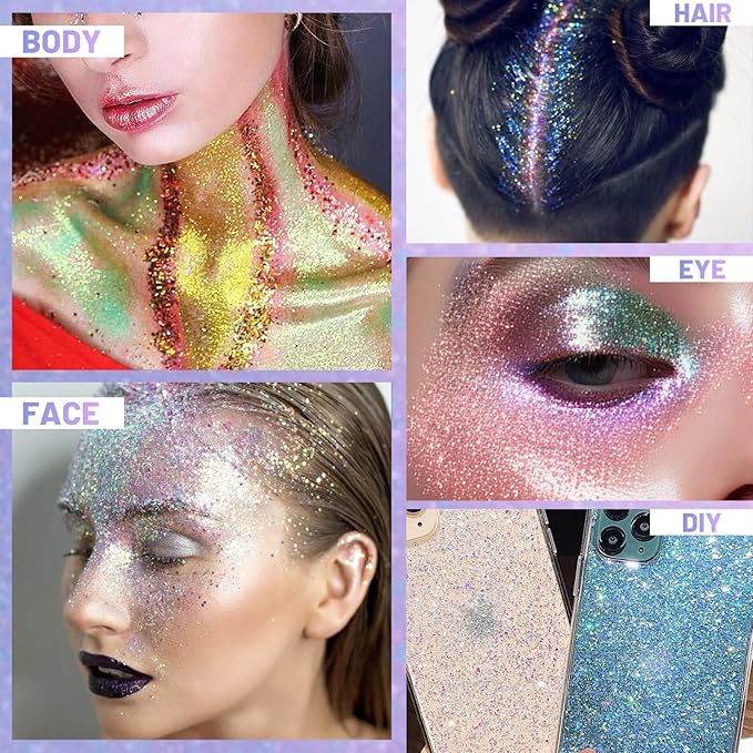 DAGEDA Body Glitter Gel, Roll-on Face Glitter for Mermaid Makeup Festival Rave Accessories, Holographic Hair Glitter Gel,Body Shimmer Halloween Makeup for Rave Party(Crazy Purple)