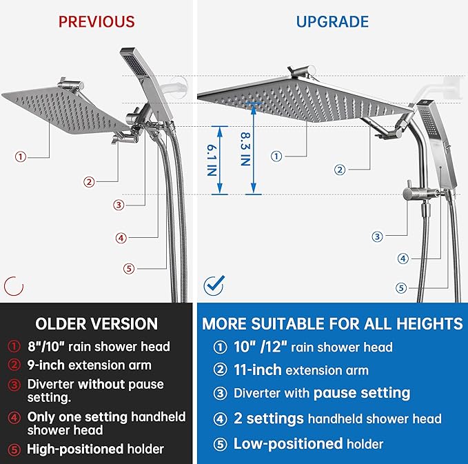 G-Promise All Metal 10 Inches Rain Shower Head with Handheld Built-in Power Wash Mode, 3-way Diverter with Pause Setting, 11 Inches Adjustable Extension Arm with Lock Joint, Long Hose (Brushed Nickel)