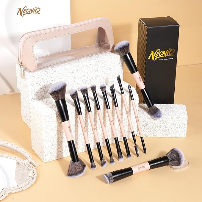 NEONIQ 10 PCS Foundation Contour Conceal Brush Set With Bag, Makeup Brushes, Double-End Multi-functional Brushes for Foundation Powder Blush Eyeliner Eyeshadows, Professional Face Brush Set（Pink）