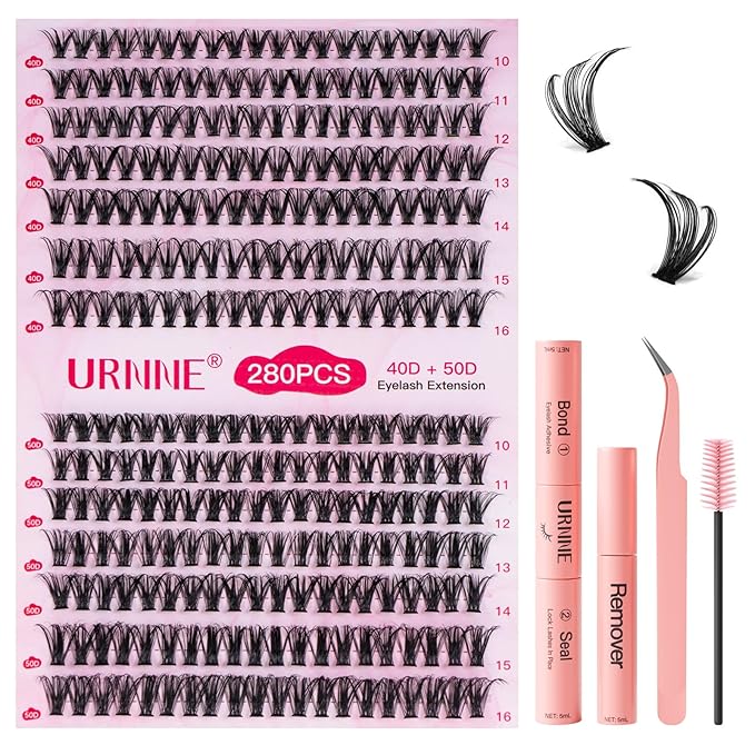 Lash Extension Kit 280PCS Eyelash Extension Kit 10-16mm Lash Clusters 40D+50D Lash Clusters Kit with Bond, Seal, Remover and Tweezers
