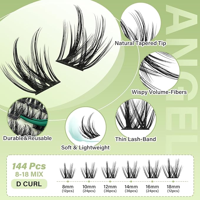 KEYYOU LASH clusters 144Pcs D Curl Angel Eyelash Extension Thick Wispy Natural Band Lash with Waterproof DIY Lash Extension at Home（Angel A02-D-8-18MIX）