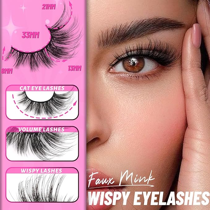 Veleasha Cat Eye Lashes Fluffy Eyelashes Wispy Crisscross Doll False Eyelashes 3D Effect Black Cotton Band Lashes 8-22MM 7 Pairs Pack (832)