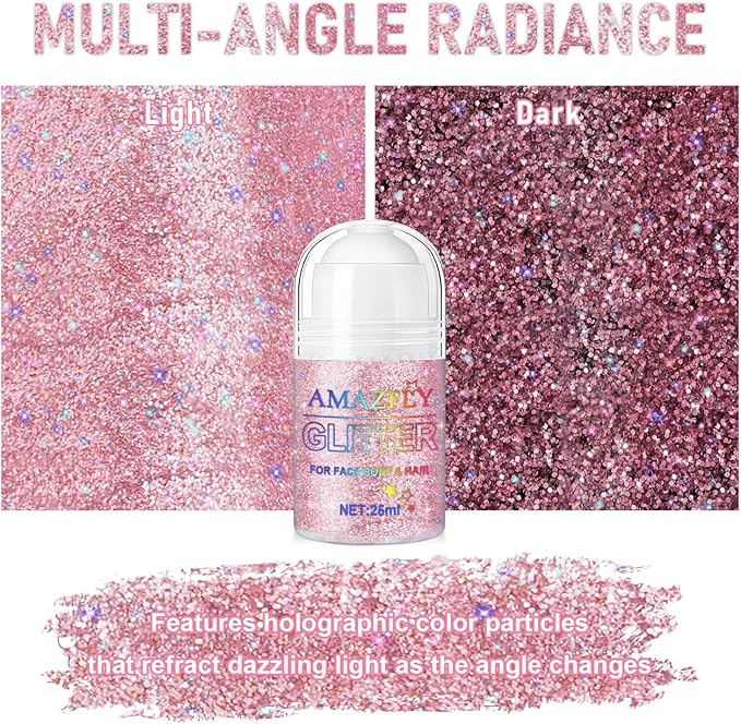 Roll-on Holographic Body Glitter Gel for Face and Hair, Chameleon Color Changing Glitter Gel Under Light, Chunky Mermaid Sequins Festival Party Rave Accessories (Pink)