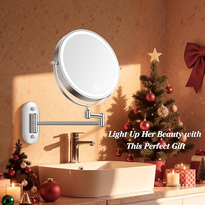 Auxmir 1X/30X Wall Mounted Lighted Makeup Mirror, 8" Rechargeable Double-Sided Magnifying Mirror with Light, Touch Dimmable 3 Color Light, 360° Rotation Foldable Extended Arm, Chrome