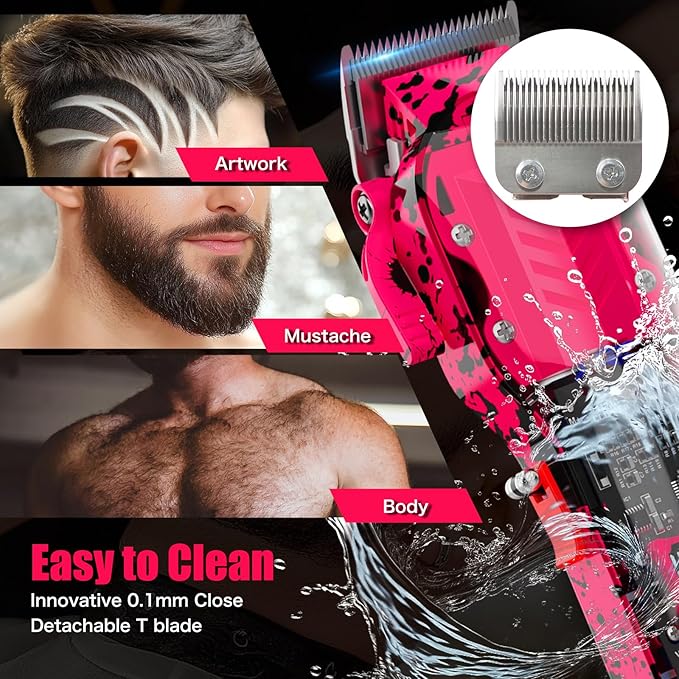 Professional Hair Clippers for Men, Cordless Barber kit for Hair Cutting & Grooming, Hair Clippers Set for Barber Haircut with LED Display 8 Fade Taper Combs(Pink)