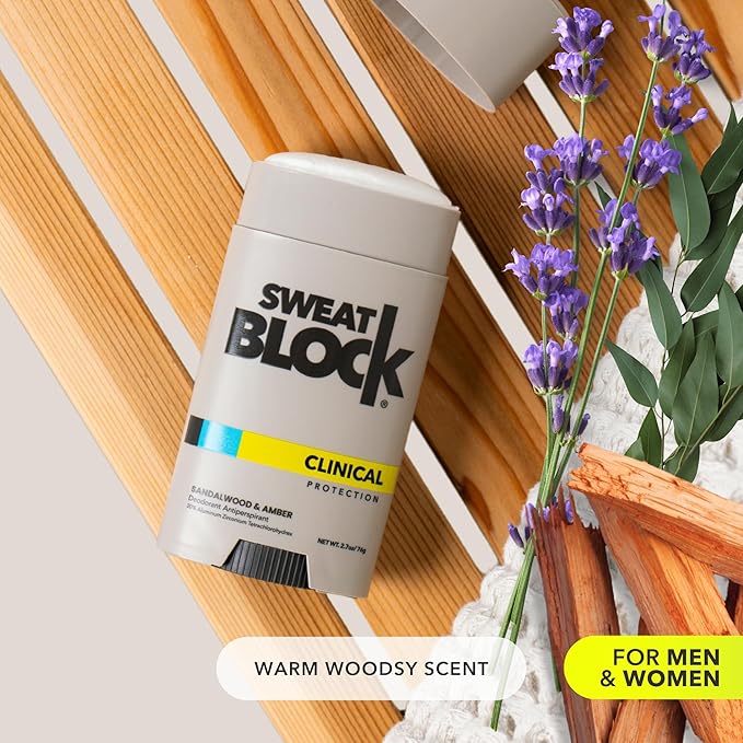 SweatBlock Clinical Strength Deodorant Antiperspirant for Men and Women Sandalwood & Amber Scent 48 Hour Protection Against Sweat and Odor Designed for High Heat and Stress Long-Lasting Freshness