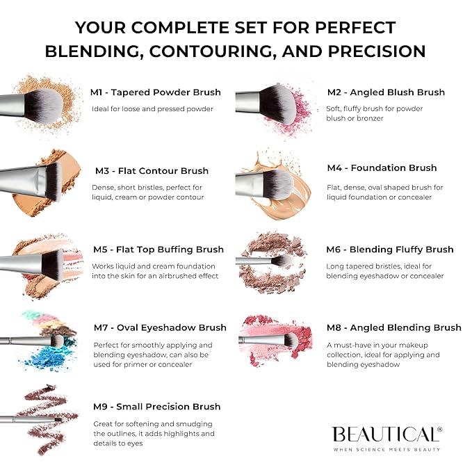 BEAUTICAL Professional Makeup Brush Set – 9 Piece Vegan Brushes with Carry Pouch | Soft Dense Bristles for Liquid, Cream & Powder | Lightweight Aluminum Handles Makeup Brushes For Daily Makeup Routine