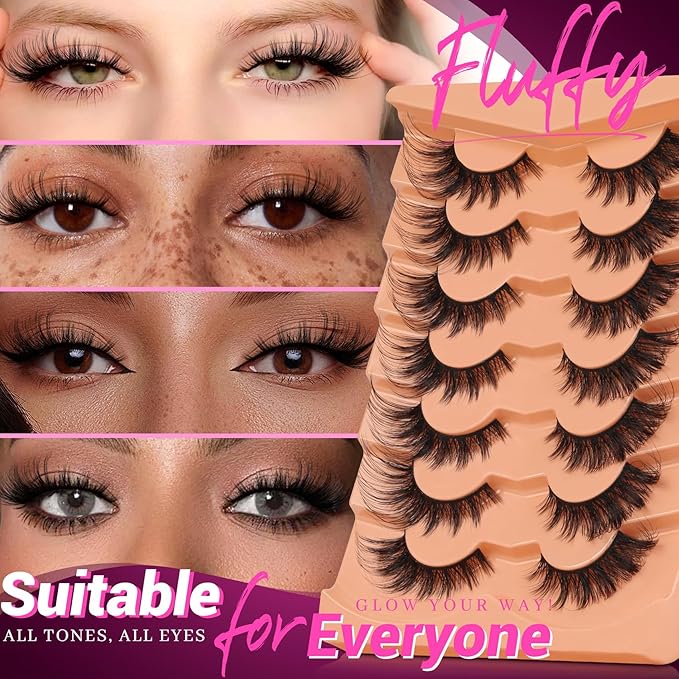 Veleasha Cat Eye Lashes Fluffy Eyelashes Wispy Crisscross Doll False Eyelashes 3D Effect Black Cotton Band Lashes 8-22MM 7 Pairs Pack (832)
