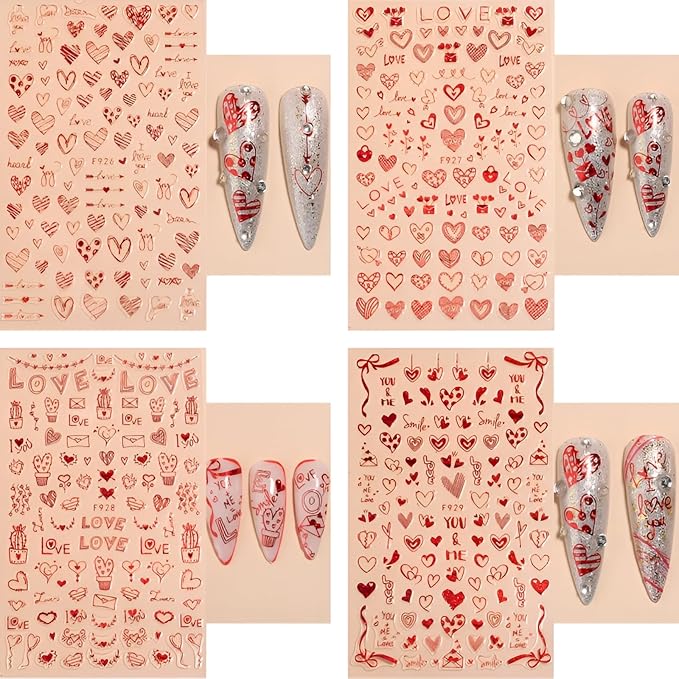 8 Sheets Red Heart Nail Art Stickers Valentine's Day Nail Decals 3D Self-Adhesive Pegatinas Uñas Red Heart Love Nail Supplies Nail Art Design Decoration Accessories for Women