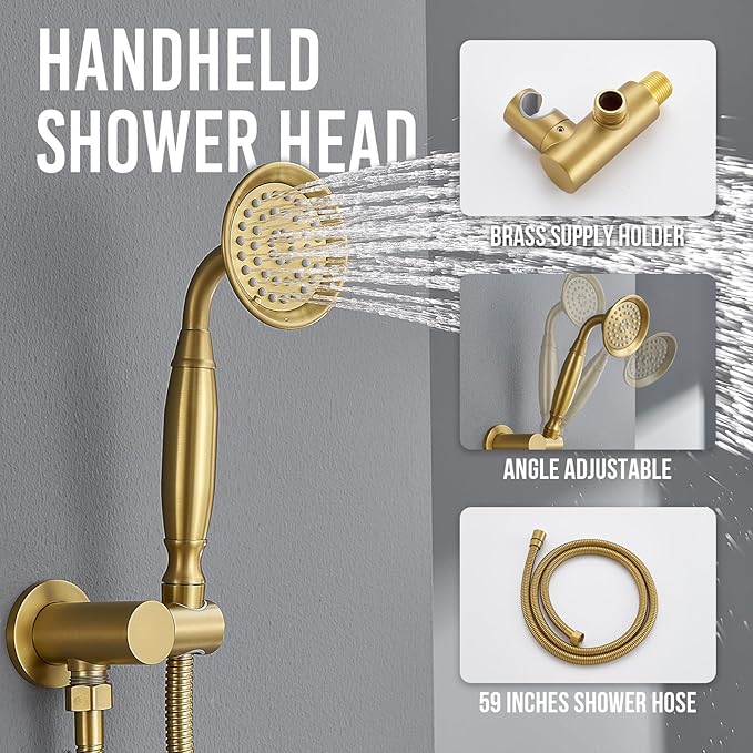 DASAN Antique Shower Faucet Sets Complete Rain Shower System in Wall with Body Shower Spray Jets, Brushed Gold Shower Fixtures with 9'' Rainfall Overhead Shower, Handheld, Valve & Trim Kit, AT249W-BTG