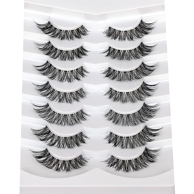 Pooplunch False Eyelashes Hand-Knotted Natural Cat Eye Look Wispy Extensions Fake Eyelash Faux Mink Lashes Strips 7 Pairs Pack