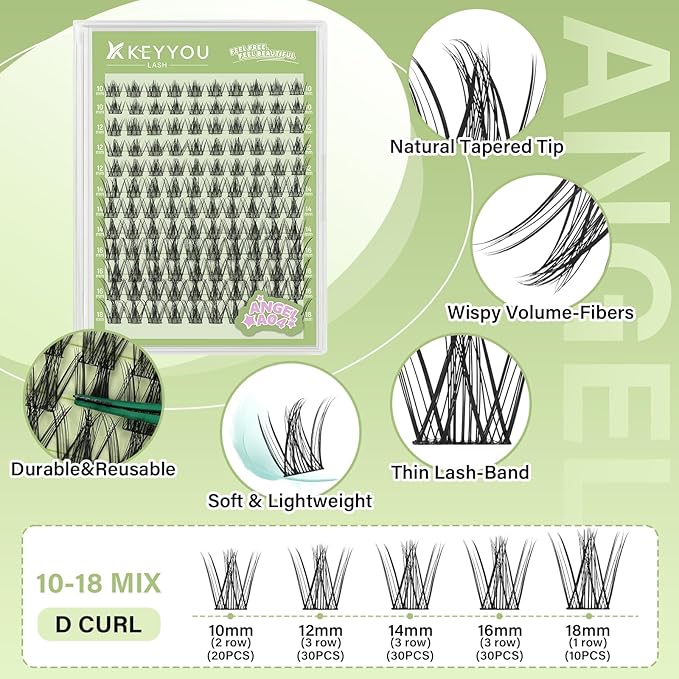 KEYYOU LASH clusters 120Pcs D Curl Angel Eyelash Extension Thick Wispy Natural Band Lash with Waterproof DIY Lash Extension at Home（Angel A04-D-10-18MIX）