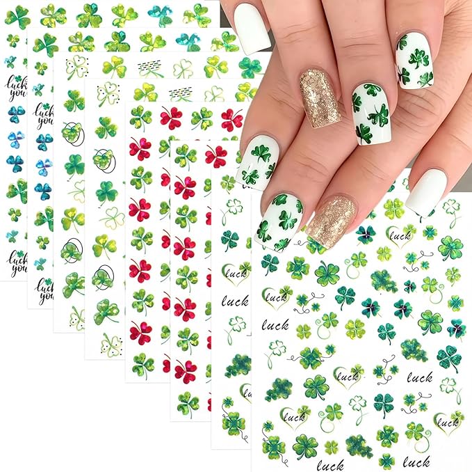 8Pcs St. Patrick's Day Nail Stickers Shamrocks Nail Art Stickers Irish Four Leaf Clover Nail Decals 3D Self-Adhesive Lucky Clover Nail Design St. Patrick's Day Nails Supplies for Women Manicure DIY