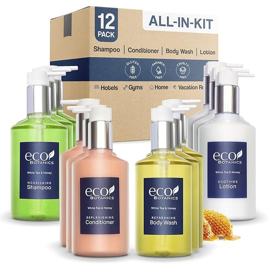 Eco Botanics Hotel Amenities Set | 10.14oz Pump Bottles | Shampoo, Conditioner, Hand & Body Wash, and Lotion | Set of 12