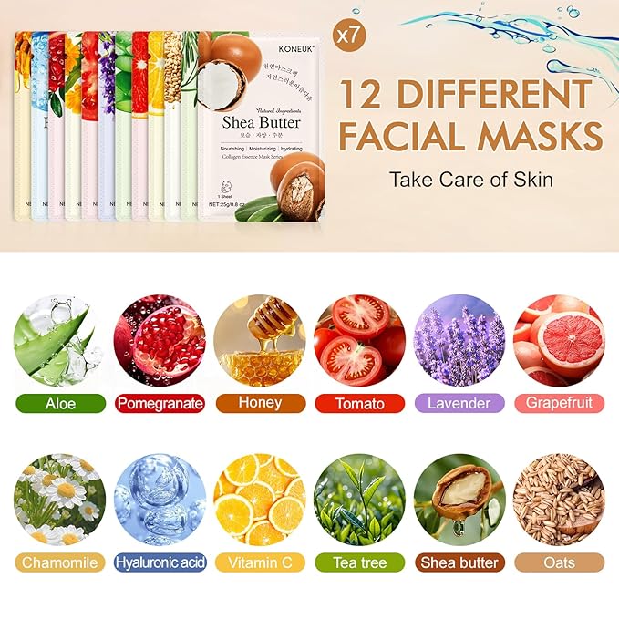 KONEUK 84 Pack Collagen Face Masks Skincare for Women, Hydrating and Moisturizing Sheet Face Masks for Women Skin Care, Face Mask Gifts Set for Spa Party, Bulk Facial Masks Suitable for All Skin Types