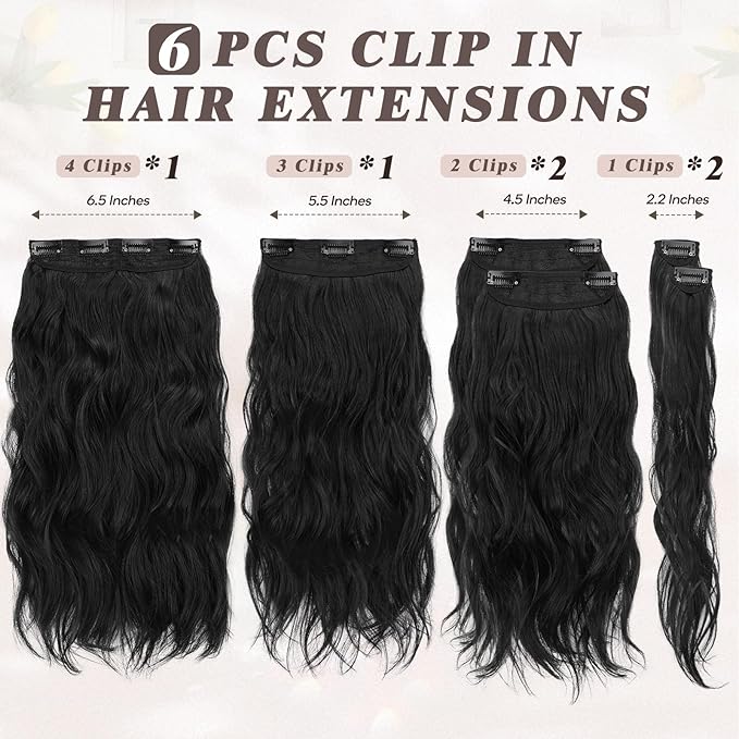 BARSDAR Wavy Black Clip in Hair Extensions - Black Wavy Clip in Hair Extensions for Women - 16 Inch 6 PCS Easy Wear Thick Soft Synthetic Natural Looking Hairpieces Daily Party Halloween