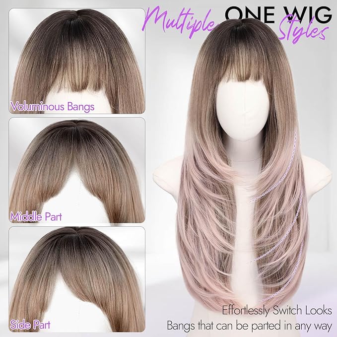 Long Beige Brown Wig with Bangs - Dark Root to Mauve Pink Ombre,4x4 Realistic Scalp,Free Parting,Layered Hairstyle Synthetic Heat Resistant for Daily Party Use 26 inch