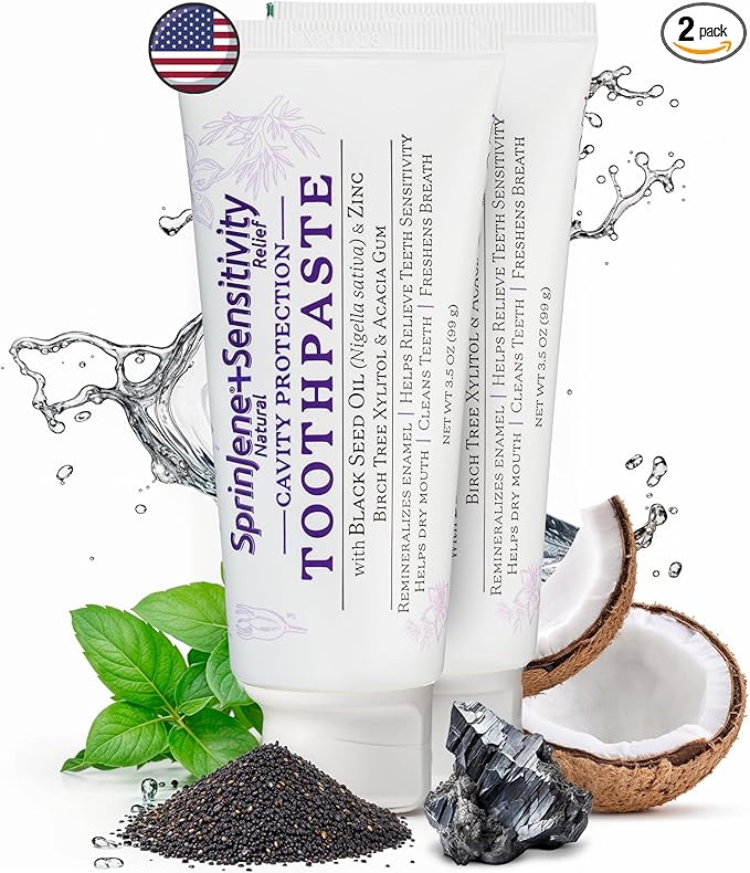 SprinJene Natural Sensitivity Relief Toothpaste – Fluoride Toothpaste for Sensitive Teeth & Cavity Protection – SLS Free with Patented Black Seed Oil & Zinc – Made in The USA (2 Pack)