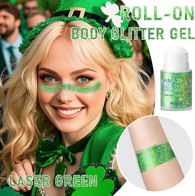 Roll-on Holographic Body Glitter Gel for Face and Hair, Chameleon Color Changing Glitter Gel Under Light, Chunky Mermaid Sequins Festival Party Rave Accessories (Green)