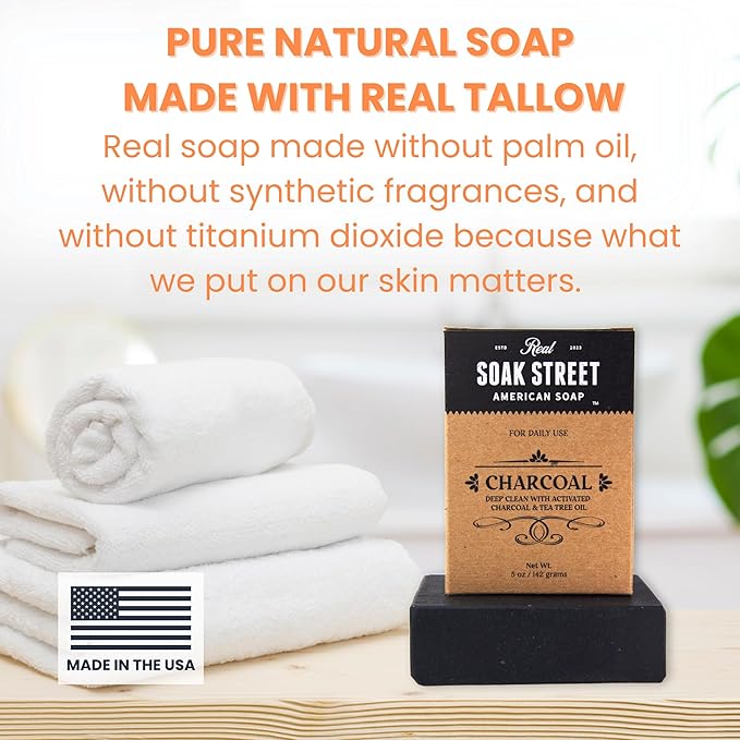 Soak Street Real American Soap with Activated Charcoal & Tea Tree Oil (3 Pack) – Long-Lasting, Moisturizing Natural Bar Soap with Grass Fed Tallow, Gentle Conditioning Lard, & Coconut Oil – Daily Use