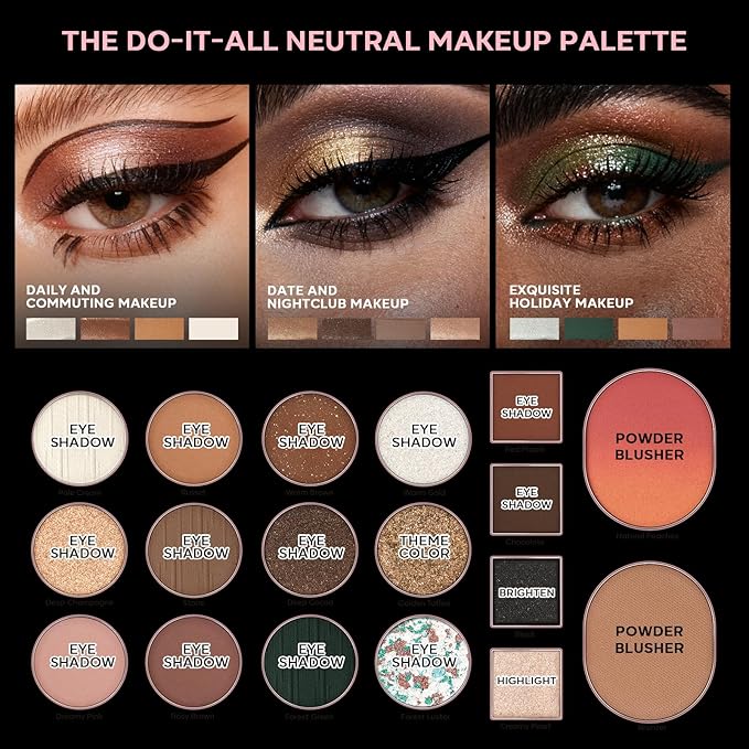 18-Shade Eye Makeup All-in-One Palette, Natural Nude Matte Shimmer Glitter, Long Lasting Baked Makeup Palette for Eye Highlight Blush, Earth Tones
