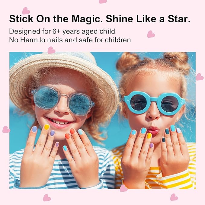 DANNI & TONI Kids Gel Nail Strips Heart Smiling Face Stars Flowers Salon-Quality Peel & Stick Manicure for Children (Age 6+)– Safe, Long-Lasting, Easy to Apply |Heart Glitz