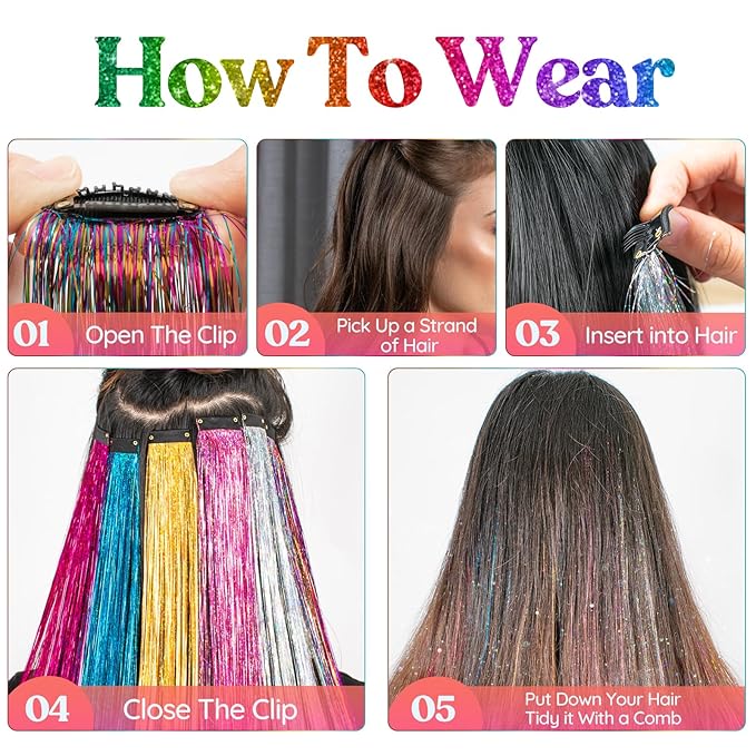 Clip In Tinsel Hair Extensions 14 Colors, 19.7 Inch Glitter Fairy Hair Tinsel Kit Clips, Sparking Hairpieces Colorful Hair Accessories for Girls Women Kids Gift Party Favors Highlights
