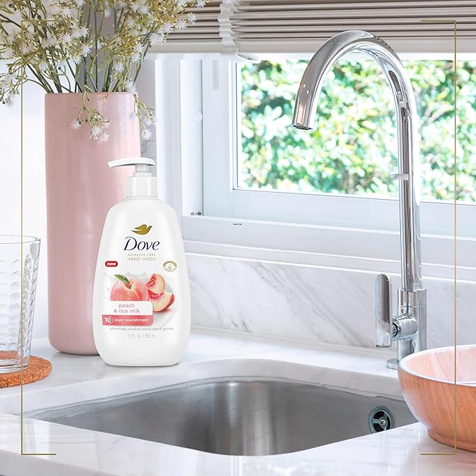 Dove Advanced Care Hand Wash Peach & Rice Milk 4 Count for Washing Away Dirt & Germs While Nourishing Skin 10 Layers Deep, with Moisture Boost 5X Complex