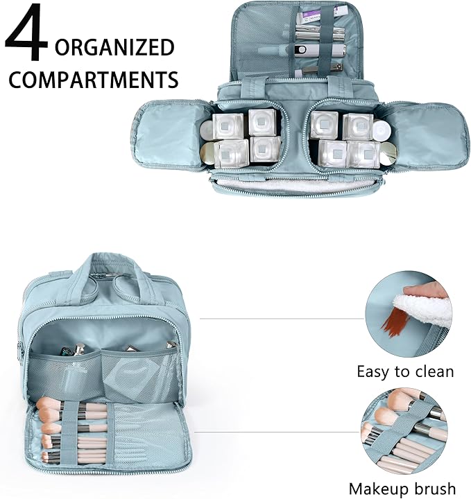 BUZFOWU Travel Toiletry Bag for Women, Large Wide-open Puffy Cosmetic Makeup Bag with Wet-Dry Separation, Multi-Pocket Organizer with Carry Handle for Toiletries, Cosmetics, Essentials, Light Blue