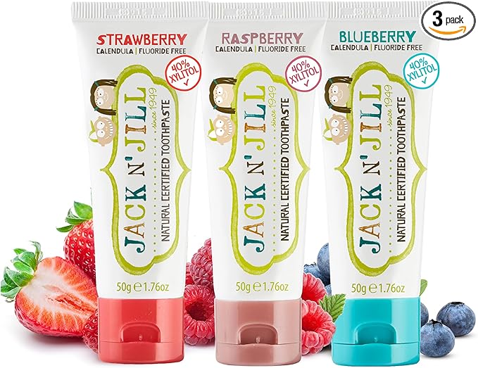 Jack N' Jill Natural Toddler Toothpaste - Fluoride Free Training Toothpaste for Toddlers 1-3, 40% Xylitol, BPA Free - 1.76 oz (Variety Pack of 3)
