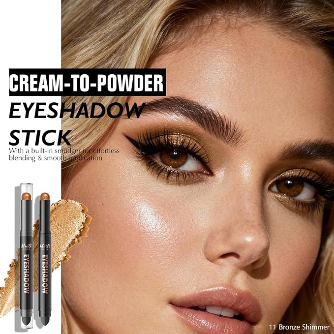 Dual-Ended Bronze Shimmer Eyeshadow Stick - Long-Lasting Cream Eye Shadow Stick Metallic Eyeshadow Pencil, Easily Blendable Multi-Use Eye Highlighter Makeup with Built-in Smudger, 11