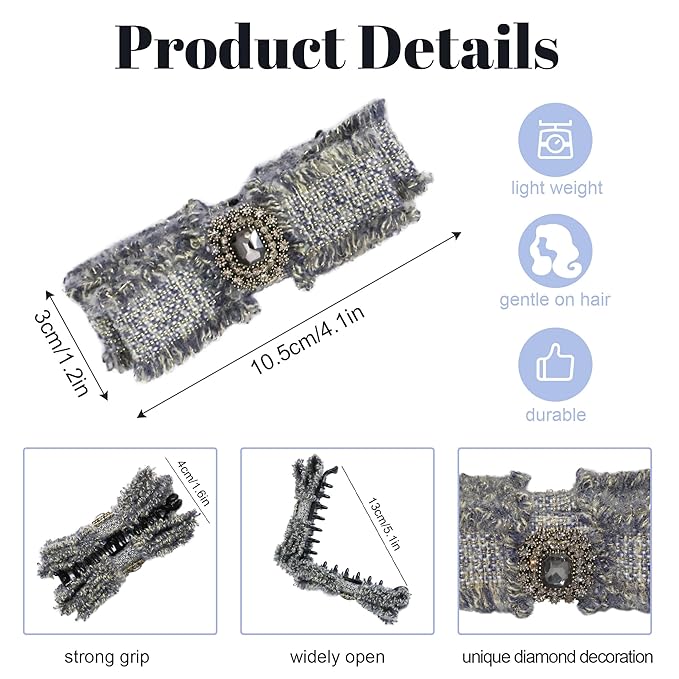 2 Pack Tweed Banana Hair Clips for Fine to Medium Hair, Elegant Plaid Ponytail Holder for Thin Hair, Half-Up Styling Accessory for Thick Hair, Vintage French Style Fabric Hair Clamps (Grey & Beige)