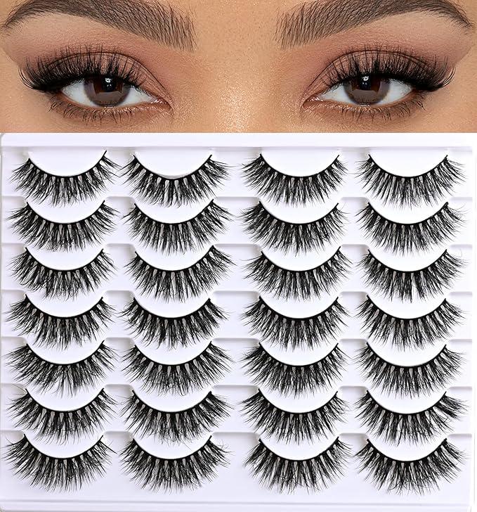 Lashes False Eyelashes Natural Lashes Wispy 14 Pairs Fake Eyelash Reusable Lash Strips Fluffy Eye Lashes Pack Short Mink Strip Lashes Natural Look Wispies Cateye Lashes for Women