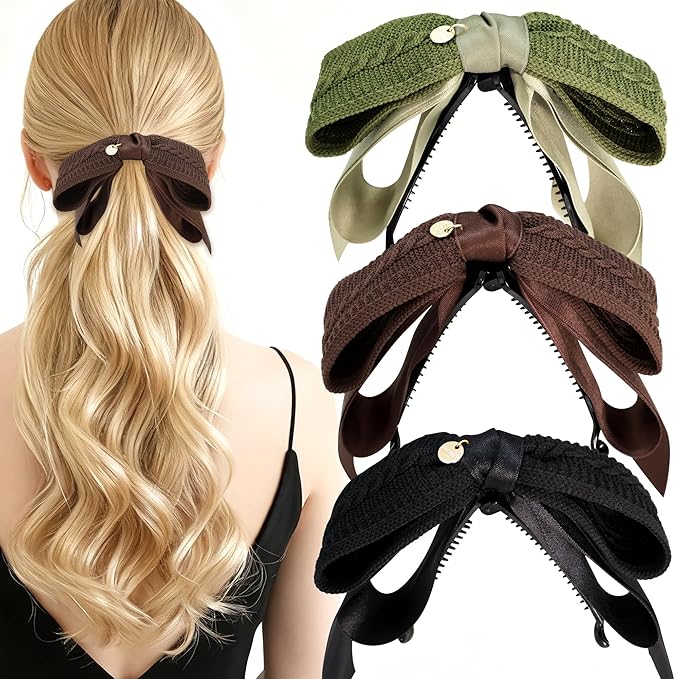 3Pcs Knitted Bow Banana Hair Clips Set, Cable Knit Hair Accessories with Satin Ribbon for Women Girls, Non-Slip Hair Women Daily Clamps for Medium/Thin/Fine Hair (NOT for Thick Hair)