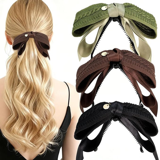 3Pcs Knitted Bow Banana Hair Clips Set, Cable Knit Hair Accessories with Satin Ribbon for Women Girls, Non-Slip Hair Women Daily Clamps for Medium/Thin/Fine Hair (NOT for Thick Hair)