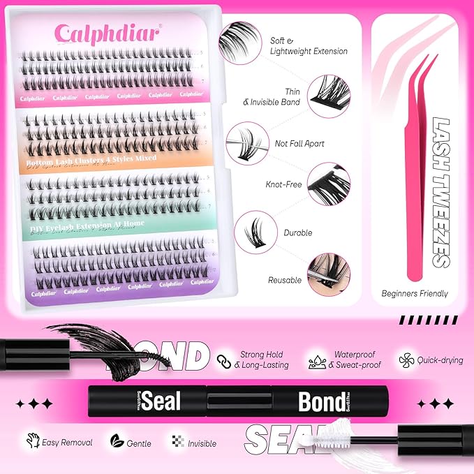 calphdiar Bottom Lash Clusters Kit DIY Eyelash Extensions 4 Styles Bottom Lashes Extension Kit Wispy Lower Eyelash Clusters Kit 5-7mm Natural Individual Lashes 225Pcs for Bottom Lash Extension
