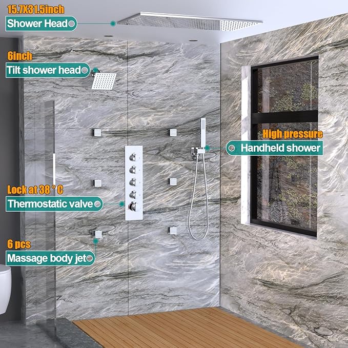 HOMEDEC Dual Shower Heads Shower System with Rain Shower and Handheld, 6pcs Body Jets with 15.7x31.5" Rainfall and 6" Shower Heads, Chrome