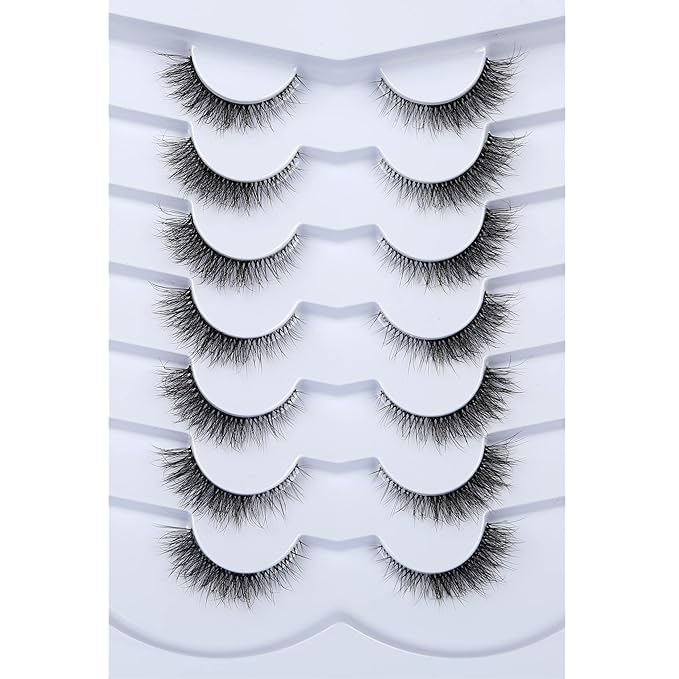 Pooplunch False Eyelashes Cat Eye Look Natural Short Lashes Wispy Clear Band Extension Volume Fake Eyelashes Faux Mink Strip Lashes 7 Pairs Pack